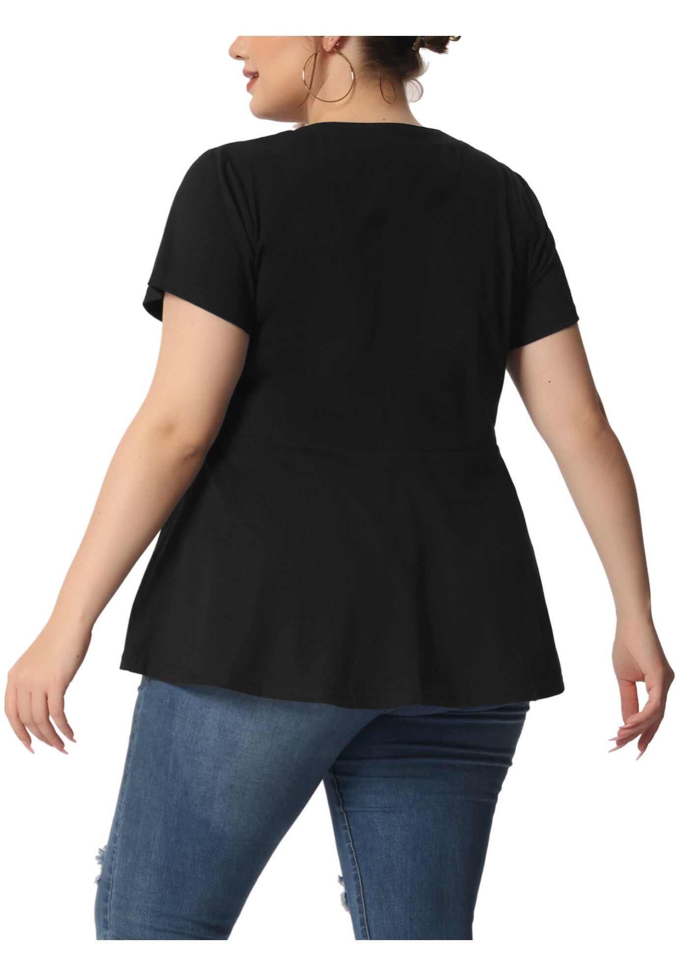 Round Neck Short Sleeve Shirt Blouse Peplum Top, Black / Black, alternate image number 3