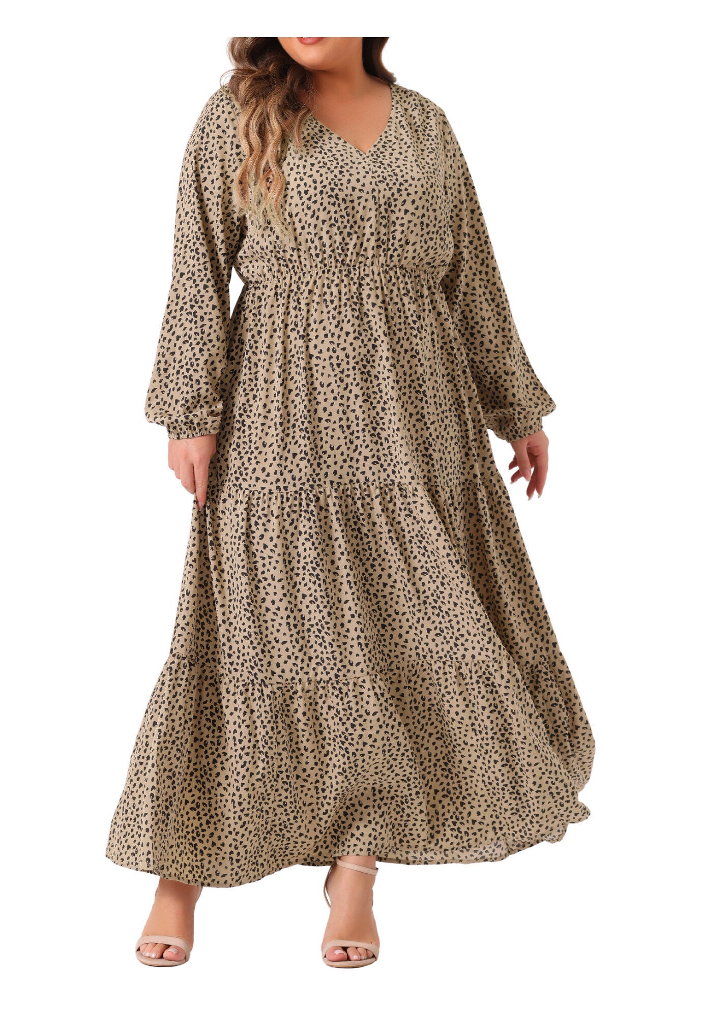 Printed Long Maxi Dress Lantern Sleeve Ruffle Hem Flowy Boho Dress, Khaki / Brown, alternate image number 2