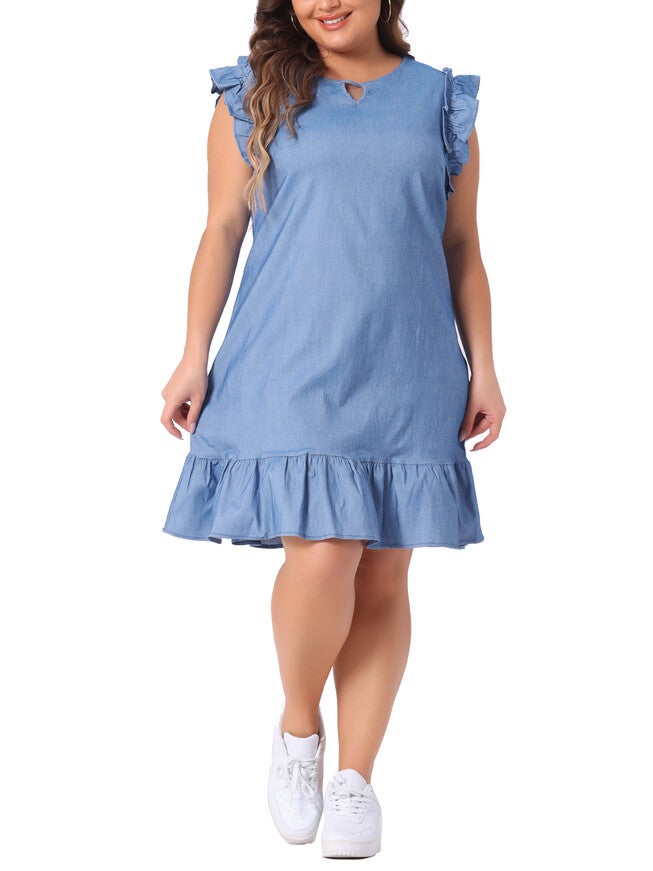 Summer Ruffle Hem Flared Short Sleeve V Neck Chambray Dress, Light Blue / Light Blue, alternate image number 1