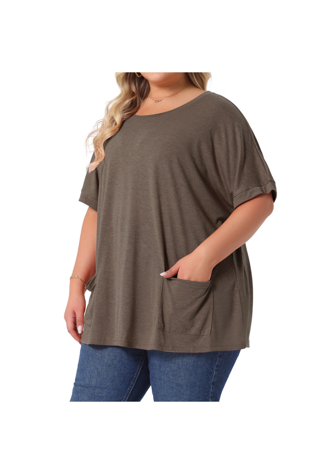 Short Sleeve Top Loose Fit Summer T-Shirt with Pocket, Coffee / Brown, alternate image number 1