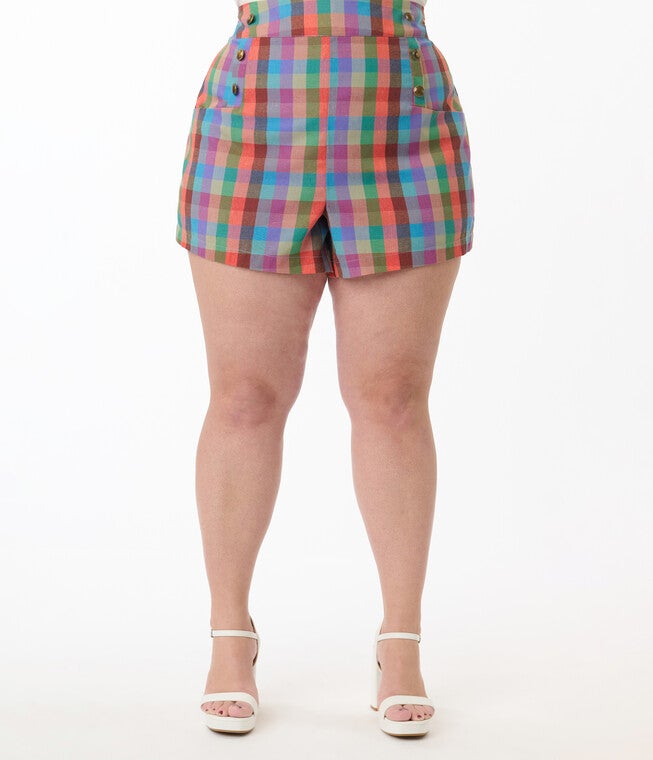 Unique Vintage Plus Size Rainbow Madras Plaid High Waist Sailor Debbie Shorts, Light Blue / Light Blue, alternate image number 1