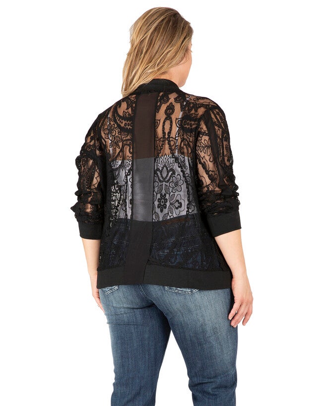 Plus Size Aria Women's Peek-A-Boo Lace Bomber Jacket, , alternate image number 6