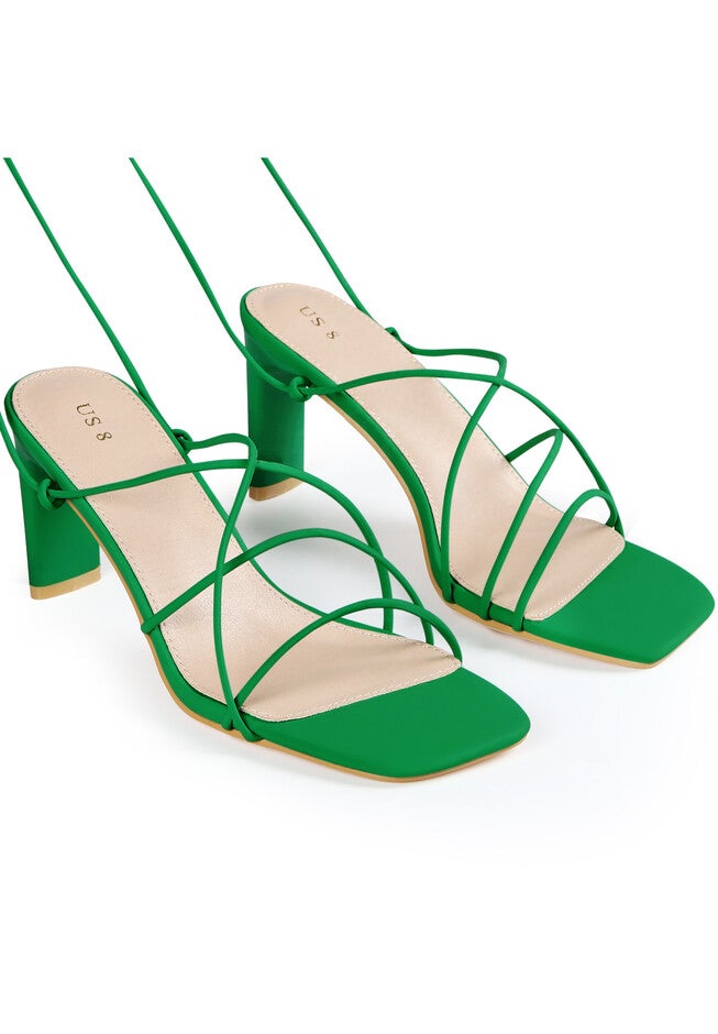 Square Toe Chunky Heel Wrap Up Strappy Sandals, Light Green / Kelly Green, alternate image number 1