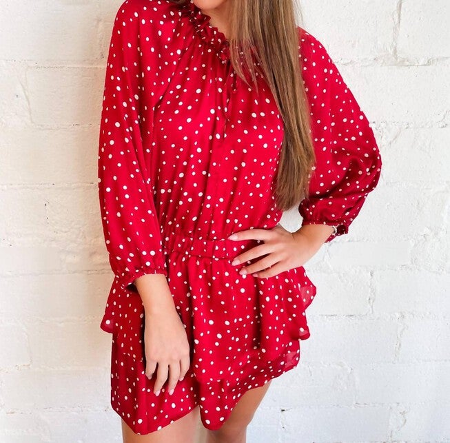 SUTTON MINI RUFFLE DETAIL DRESS IN RED, Red / Red, hi-res image number 0