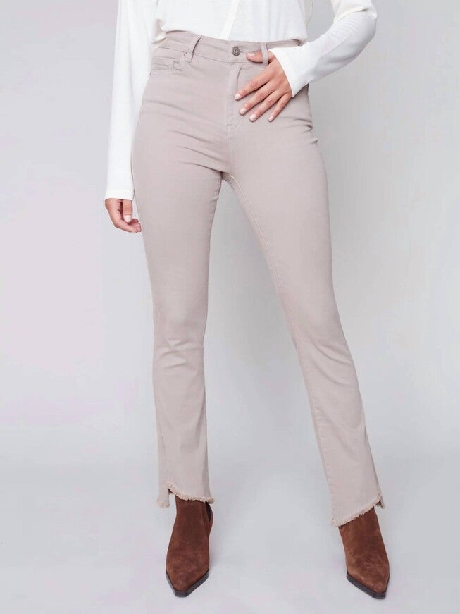 BOOTCUT TWILL PANT WITH ASYMMETRICAL FRINGED HEM IN ALMOND, Almond / Beige, hi-res image number null