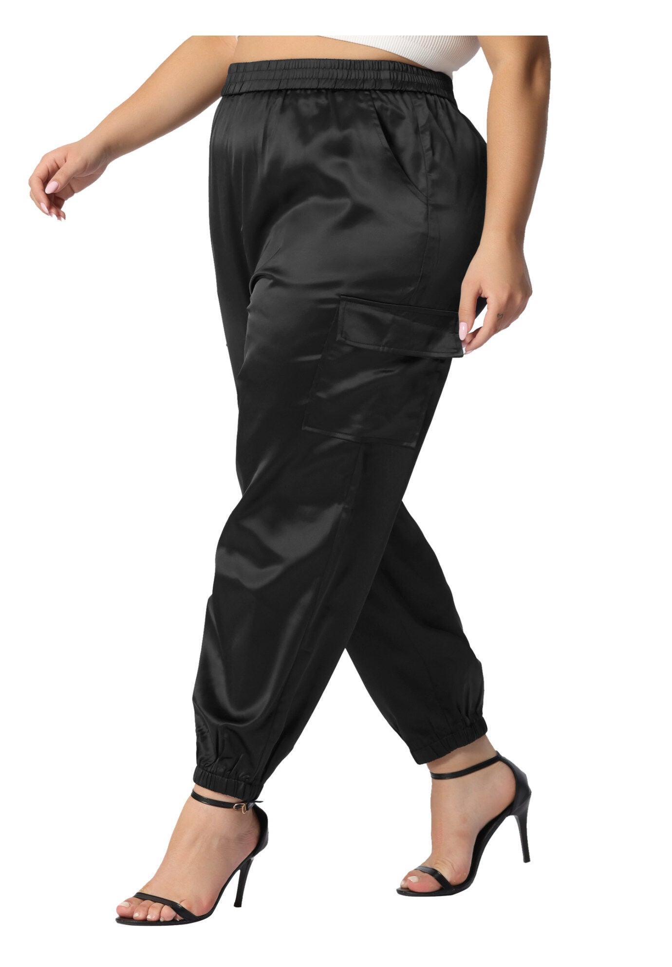SATIN JOGGERS ELASTIC WAIST ATHLEISURE ANKLE LENGTH CARGO PANTS, Black / Black, alternate image number 2