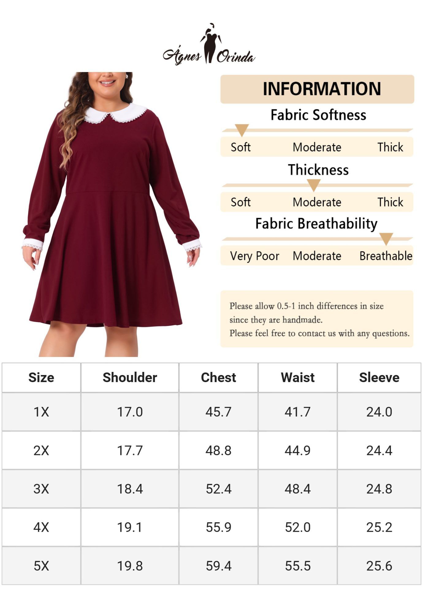 LONG SLEEVE DOLL PETER PAN COLLAR FLARE MIDI DRESS, Burgundy / Red, alternate image number 4