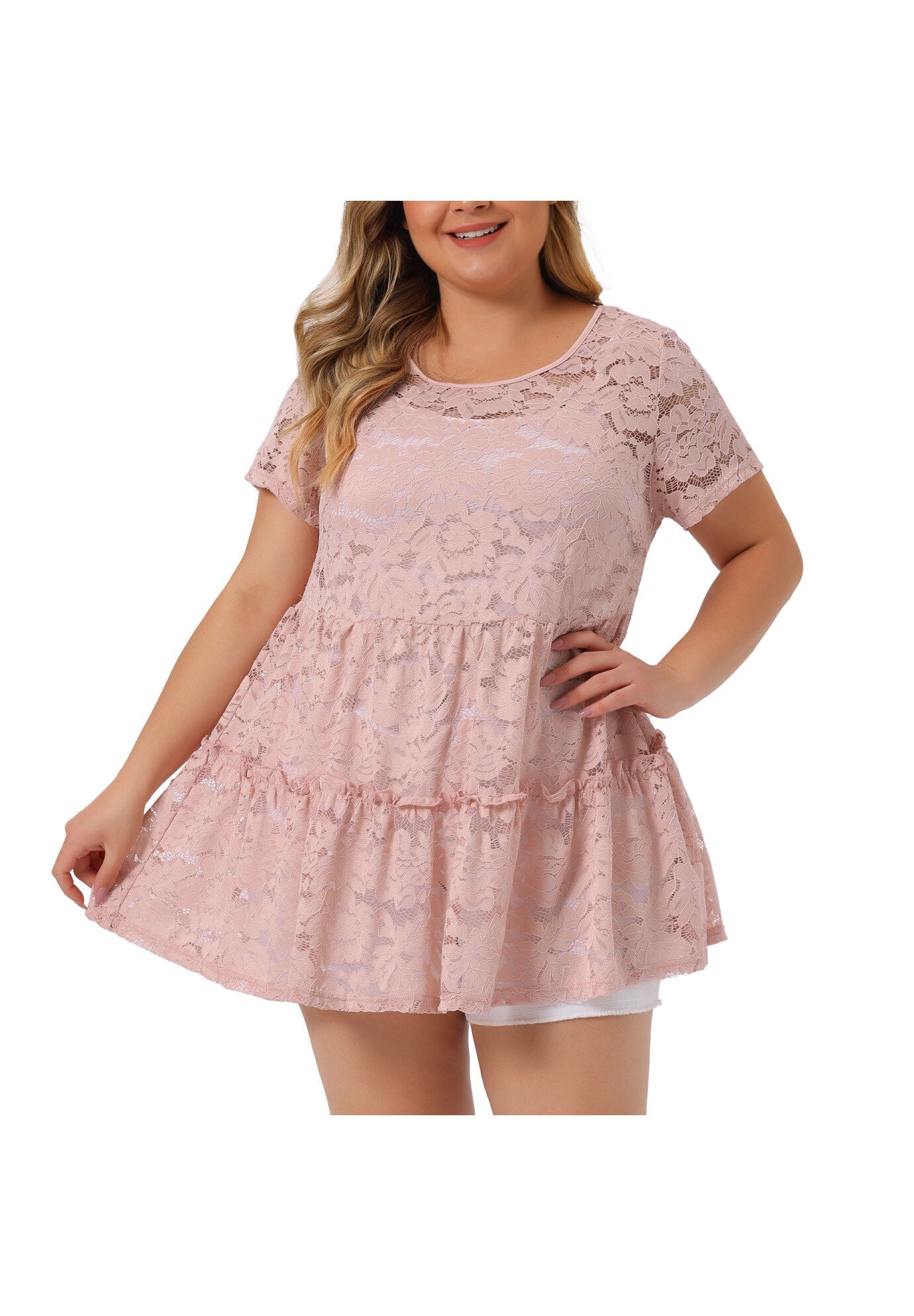 Babydoll Blouse Lace Allover Short Sleeve Tiered Peplum Top, Pale Pink / Pink, alternate image number 1