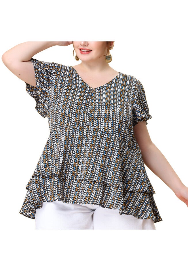 Summer Top V Neck Short Sleeve Peplum Geometric Print Layered Ruffle Blouse, Blue / Azure Blue, alternate image number 2