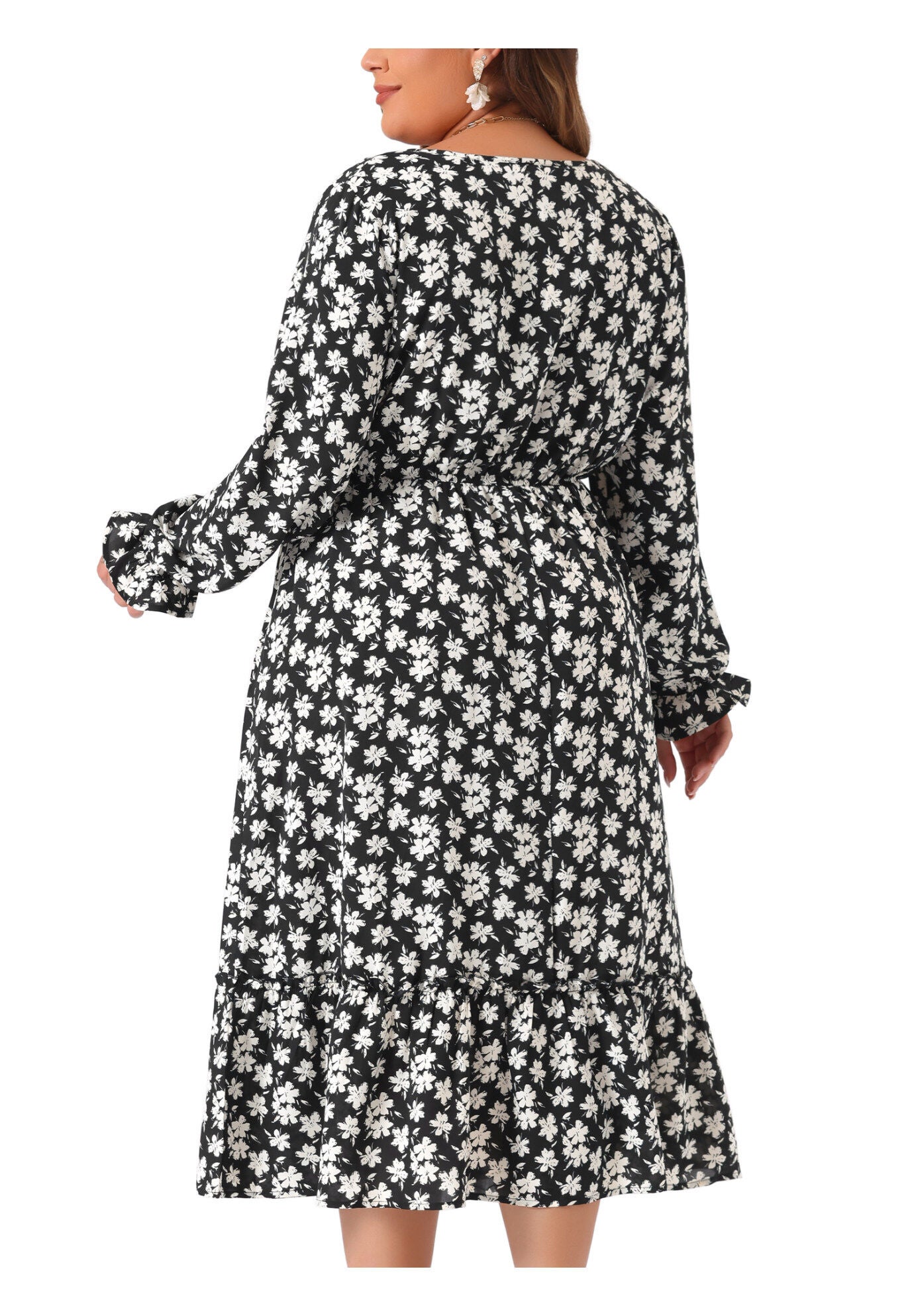 Boho Floral Print V Neck Long Sleeve Ruffle Hem Long Maxi Dress, Black / Black, alternate image number 3