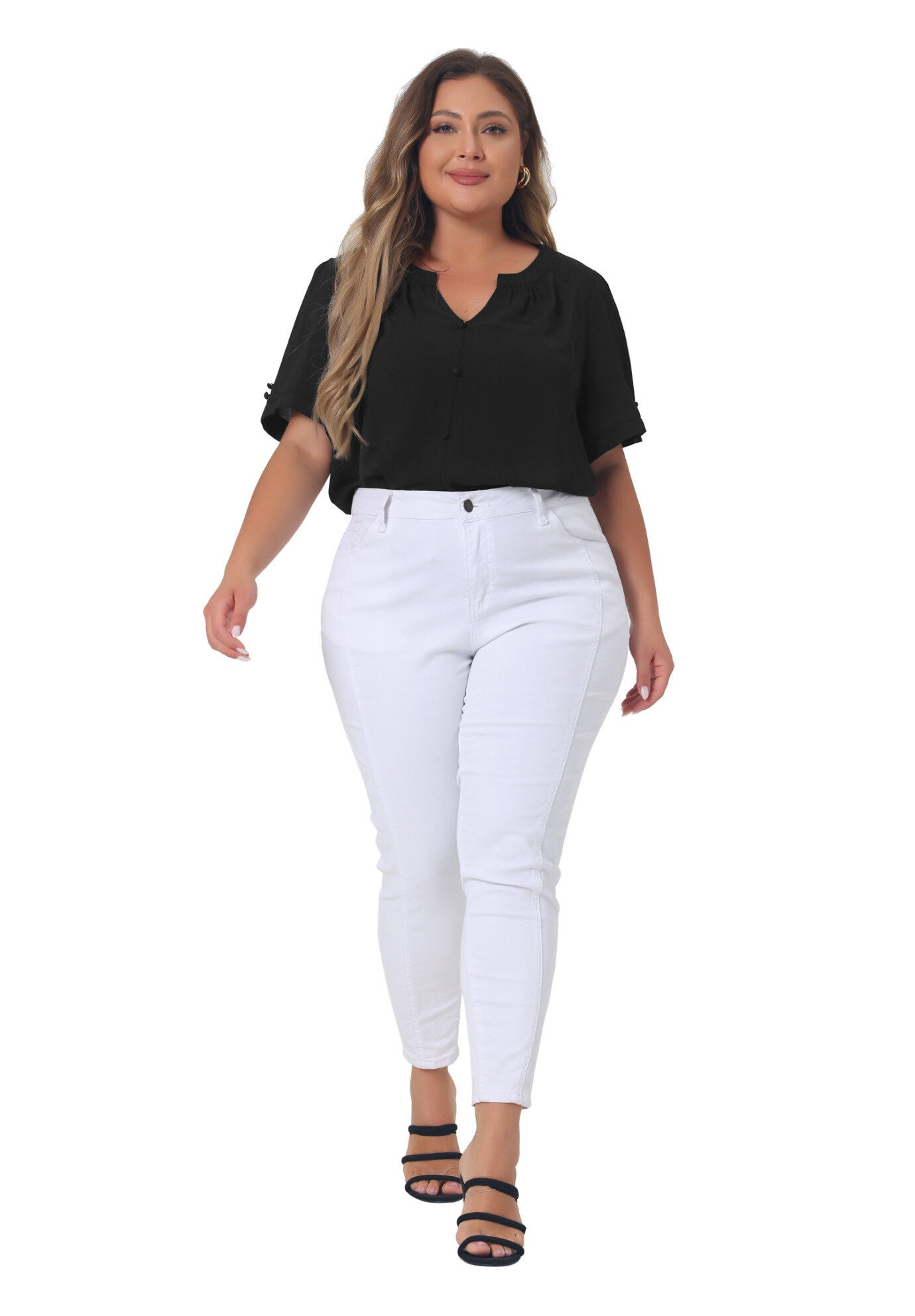 Ruched V Neck Short Sleeve Shirt, Black / Black, hi-res image number 0