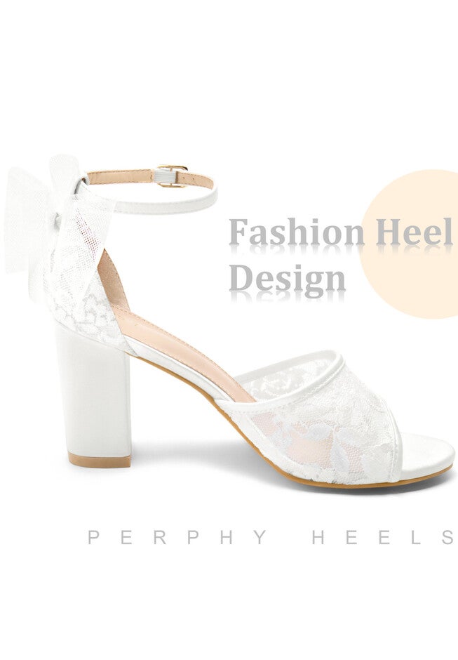 Lace Open Toe Bow Ankle Strap Block Heel Sandals, White / White, hi-res image number 0