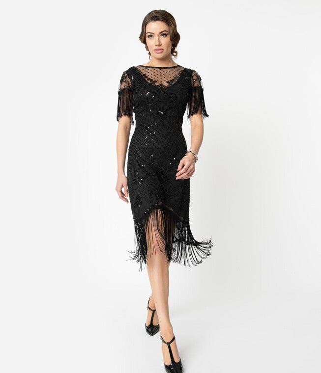 Unique Vintage 1920s Black Beaded Fringe Sleeve Nadine Flapper Dress, Black / Black, alternate image number 4