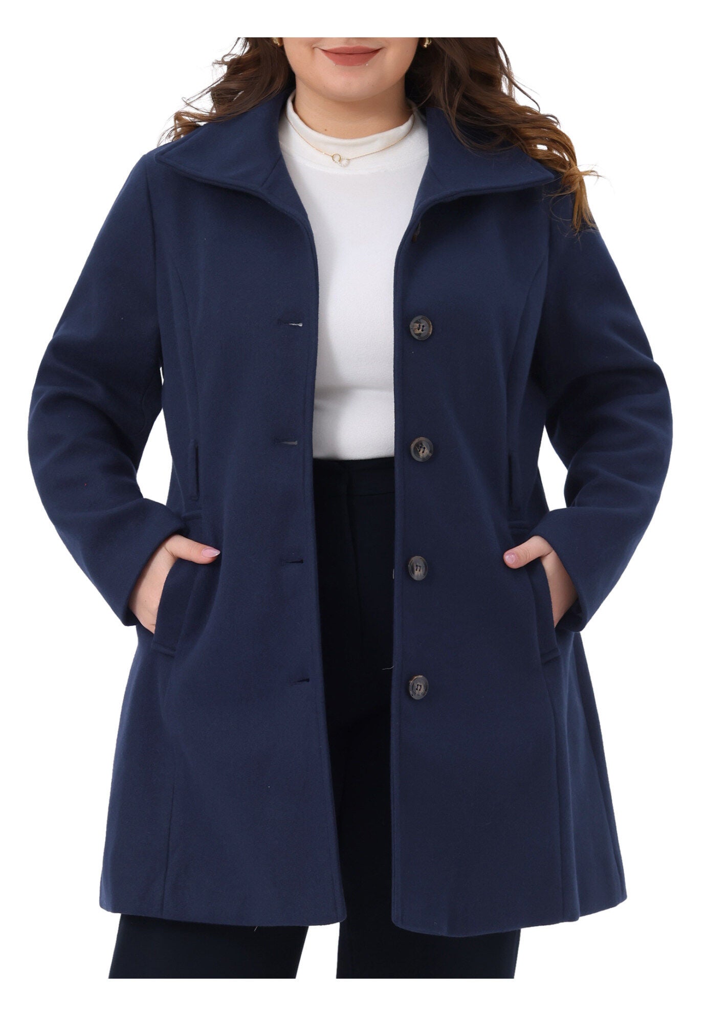 Single Breasted Overcoat Pockets Winter Outerwear with Belt, Navy Blue / Navy, alternate image number 2