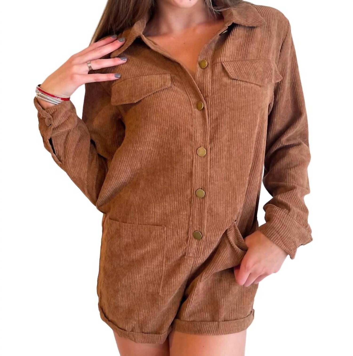 Beige Long Sleeve Button Down Romper