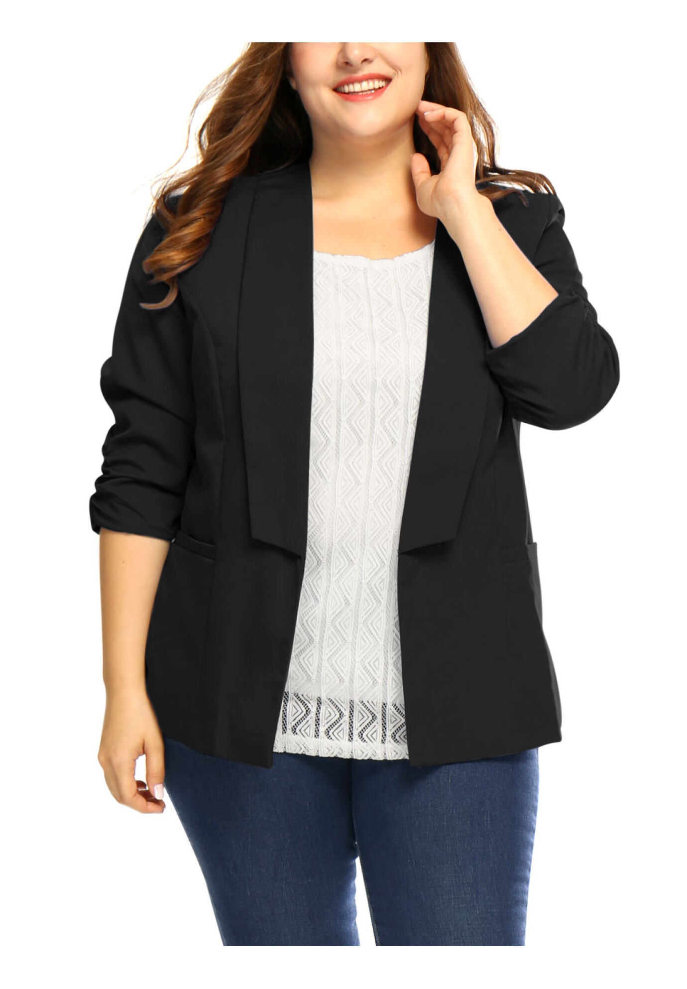 OPEN FRONT 3/4 RUCHED SLEEVE LIGHTWEIGHT BLAZER, Black / Black, alternate image number 2
