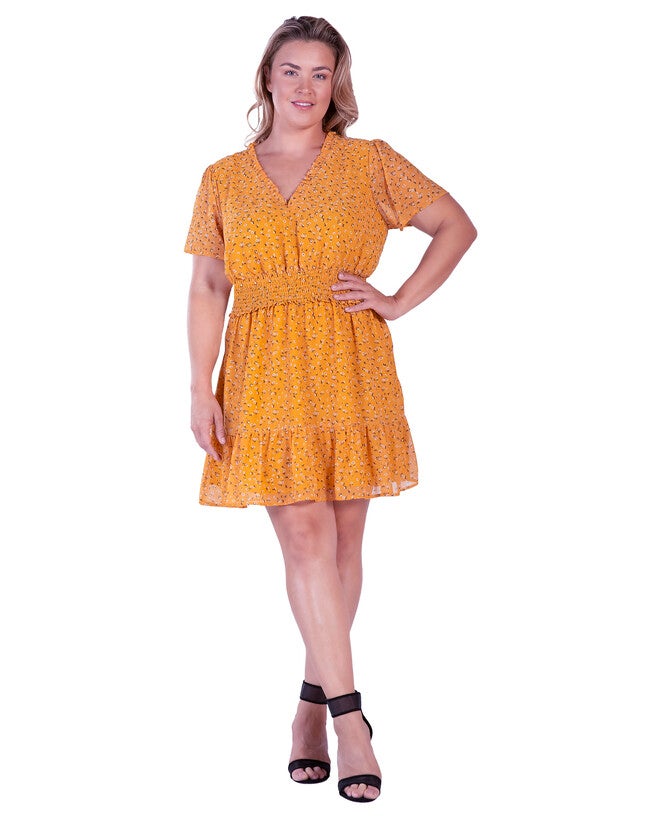 Zaria Womens Plus Size Floral Print Short Sleeve Mini Dress, Yellow Floral / Yellow, alternate image number 2