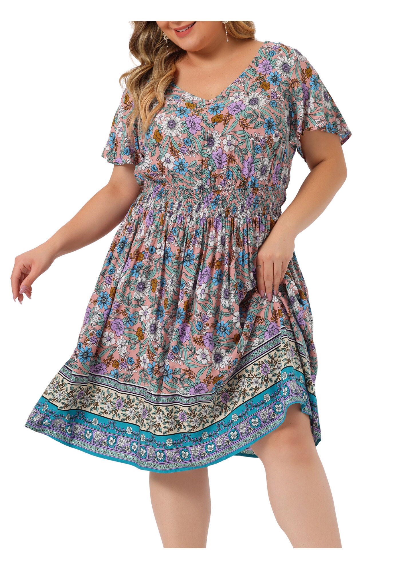 Placed Pattern Bohemian Smock Waist V Neck Summer Midi Dress, Pink / Pink, alternate image number 2