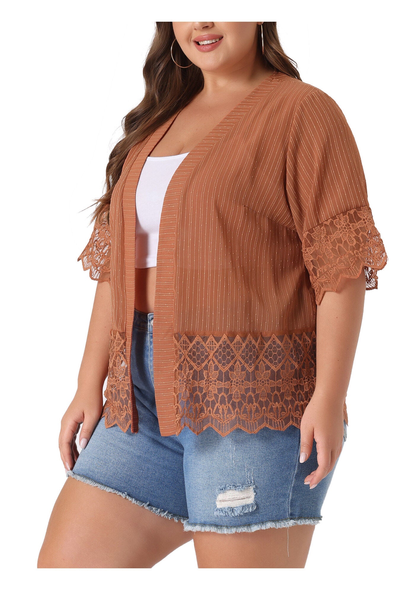 LACE SHRUG 1/2 SLEEVE BIKINI COVER KIMONO CARDIGAN, Orange Brown / Burnt Orange, alternate image number 3