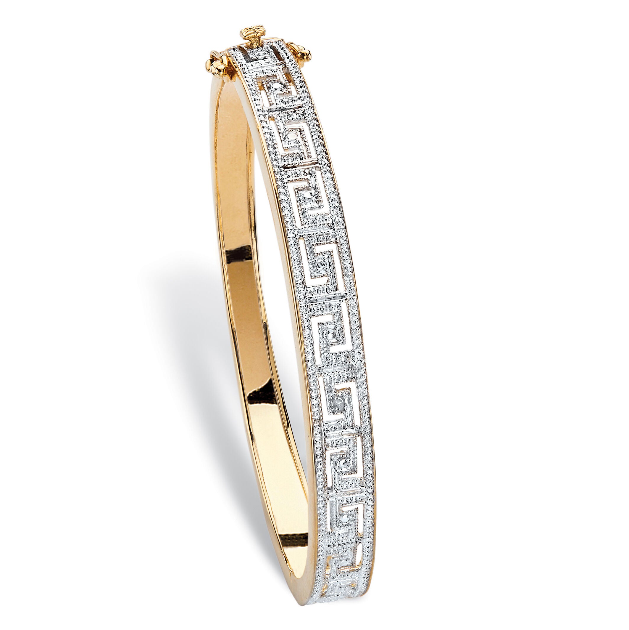 Diamond Accent 18k Gold Plated Greek Key Bangle Bracelet 7.5 Dia Co