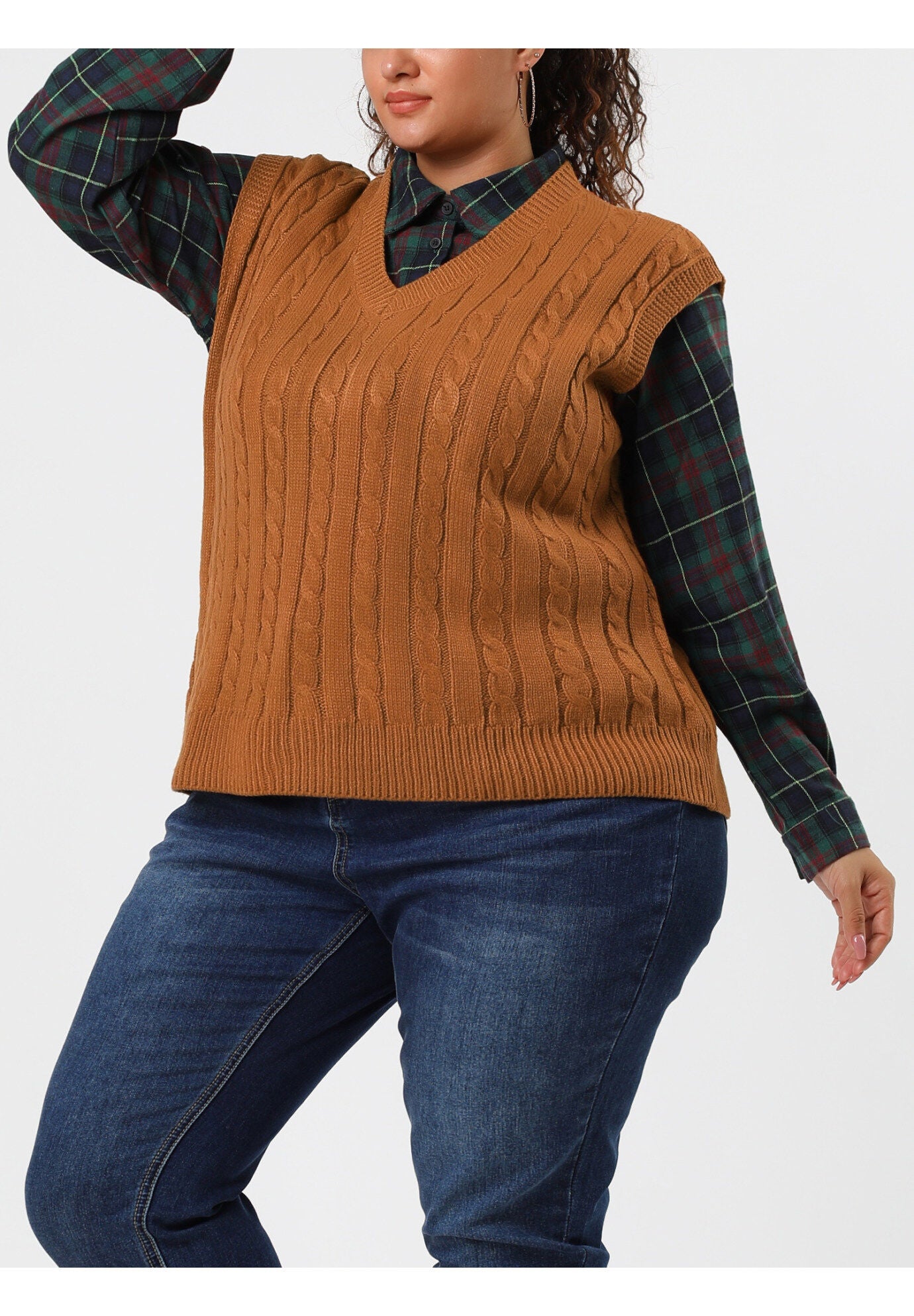 V Neck Cable Knit Sweater Sleeveless Pullover Sweater Vest, Brown / Brown, alternate image number 1