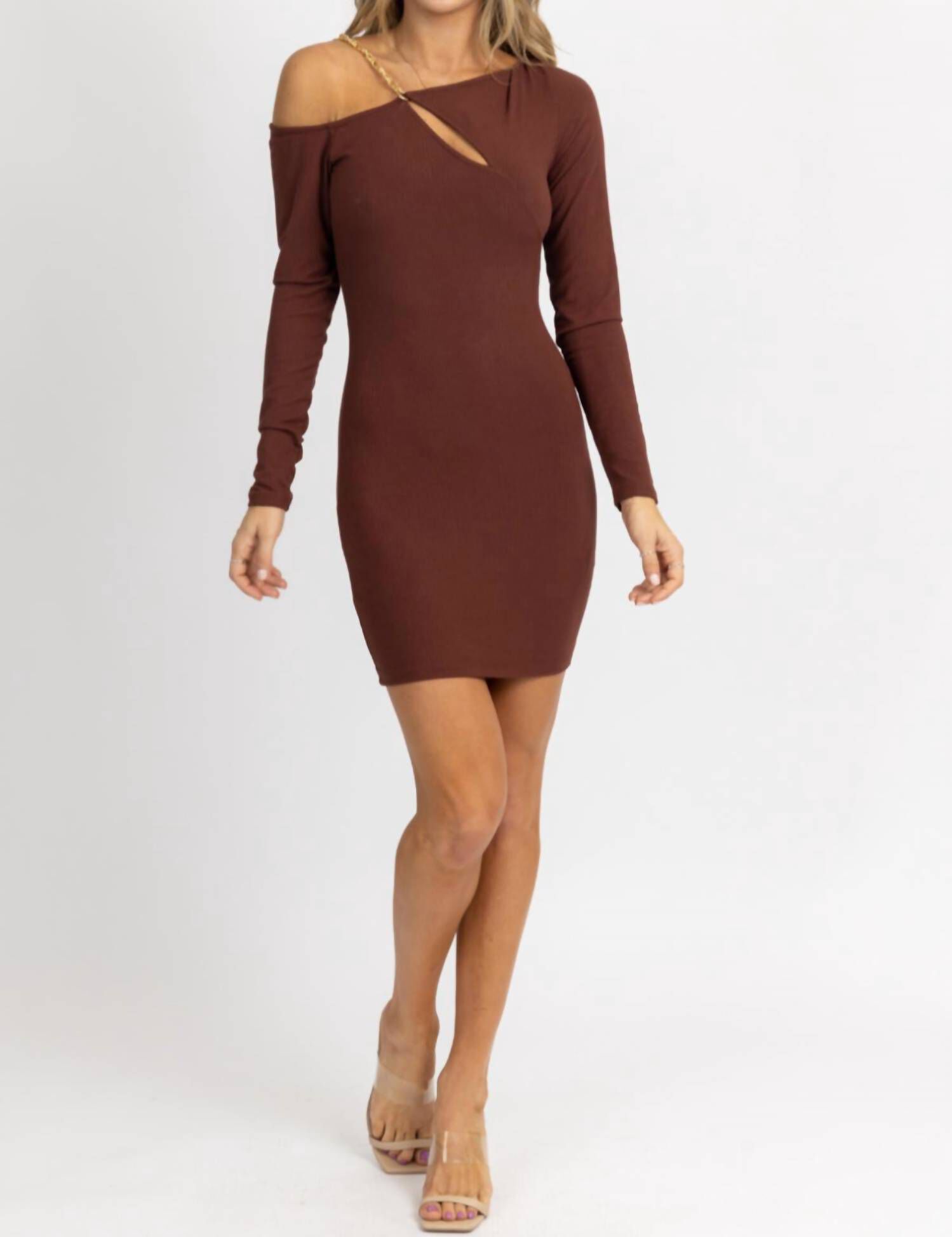 ASYMMETRICAL CHAIN TRIM MINI DRESS IN BROWNIE, Brownie / Brown, alternate image number 1