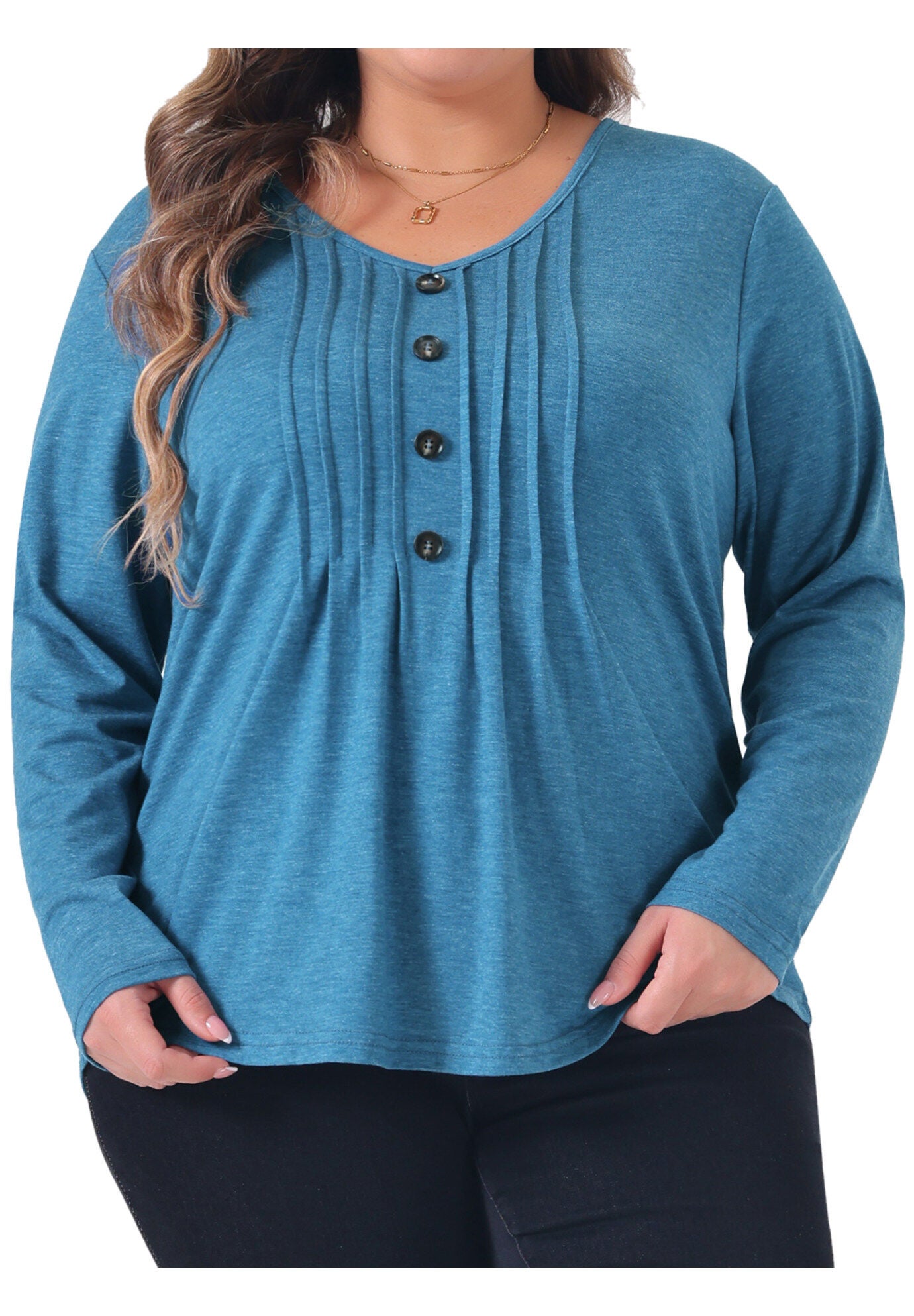Long Sleeve Pleated Front V Neck Button Blouse, Gray Blue / Azure Blue, alternate image number 2