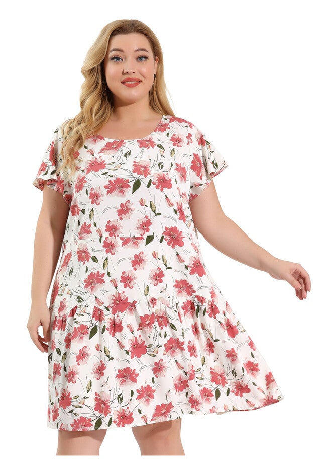 Summer Floral Flare Short Sleeve Swing Dress, White / White, alternate image number 3