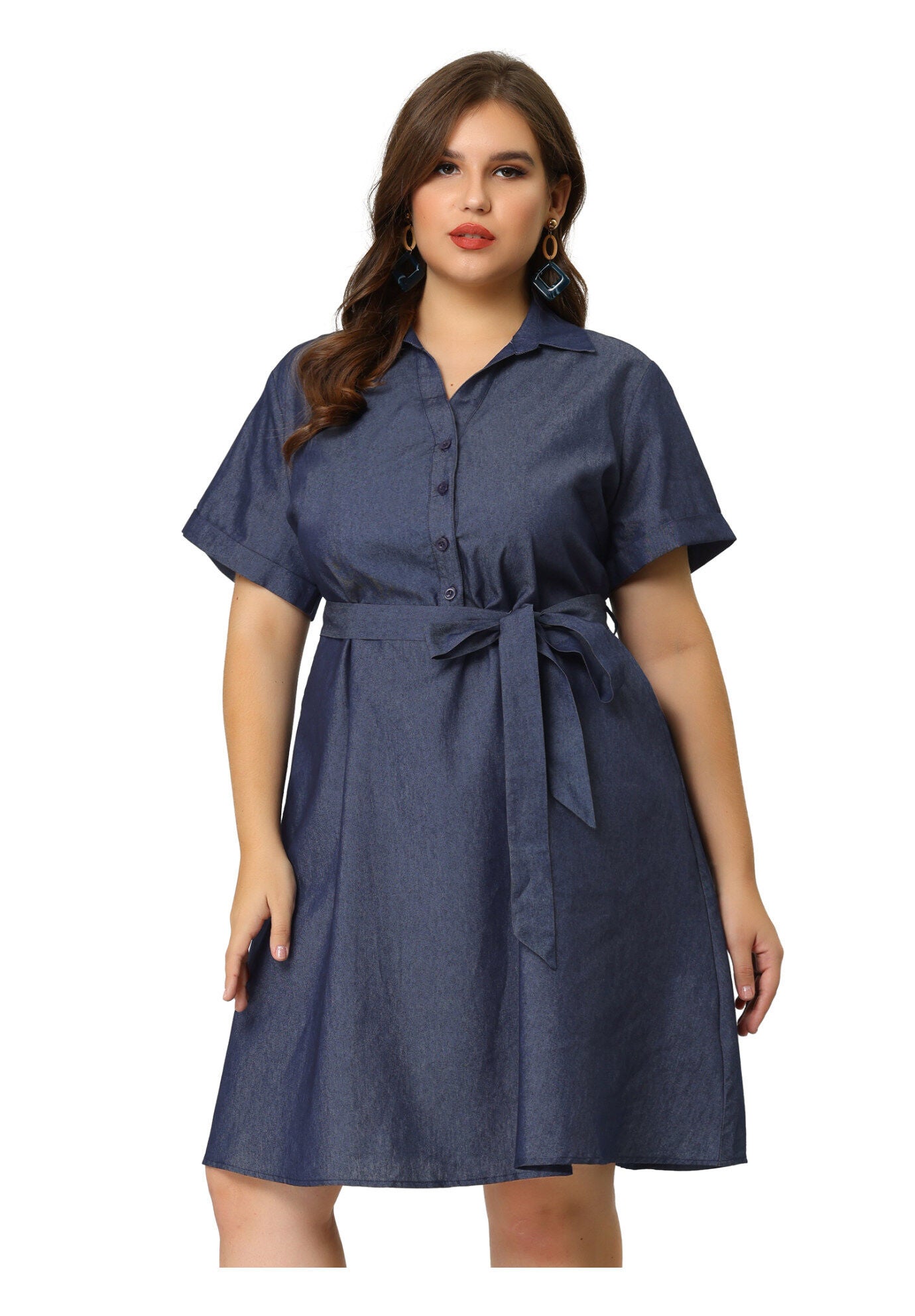 Buttons Belted Short Sleeves Chambray Dress, Black Blue / Navy, alternate image number 3