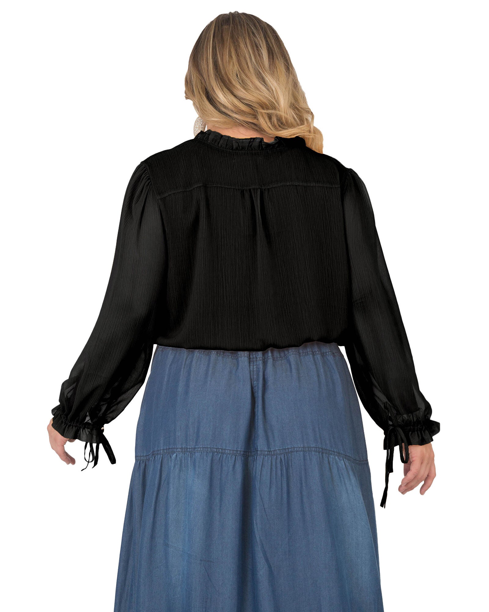Plus Size Jessica Chiffon Tie-Neck Long Sleeve Prairie Top, Black / Black, alternate image number 1