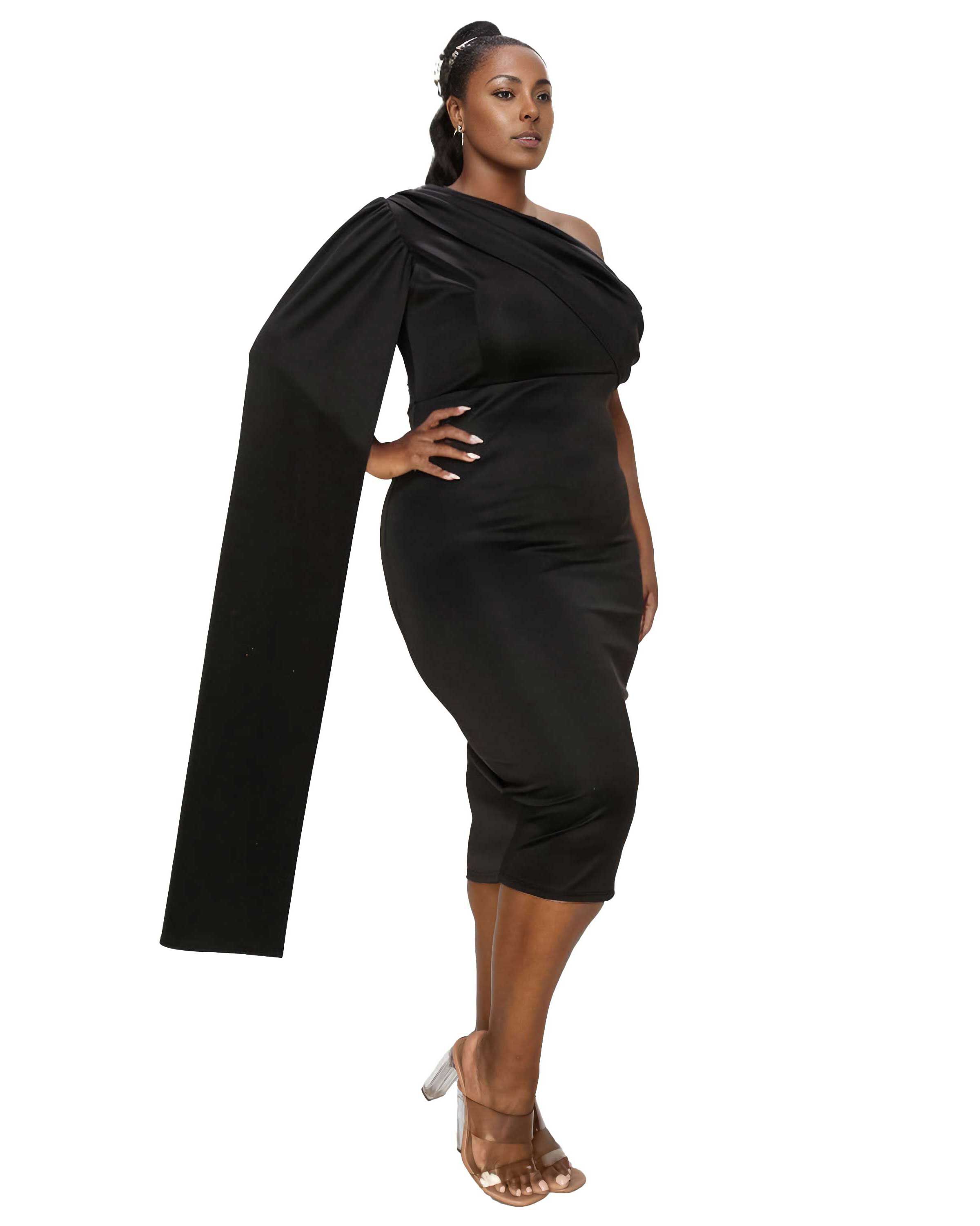 SPADE ONE SHOULDER CAPE DRESS, Black / Black, alternate image number 1