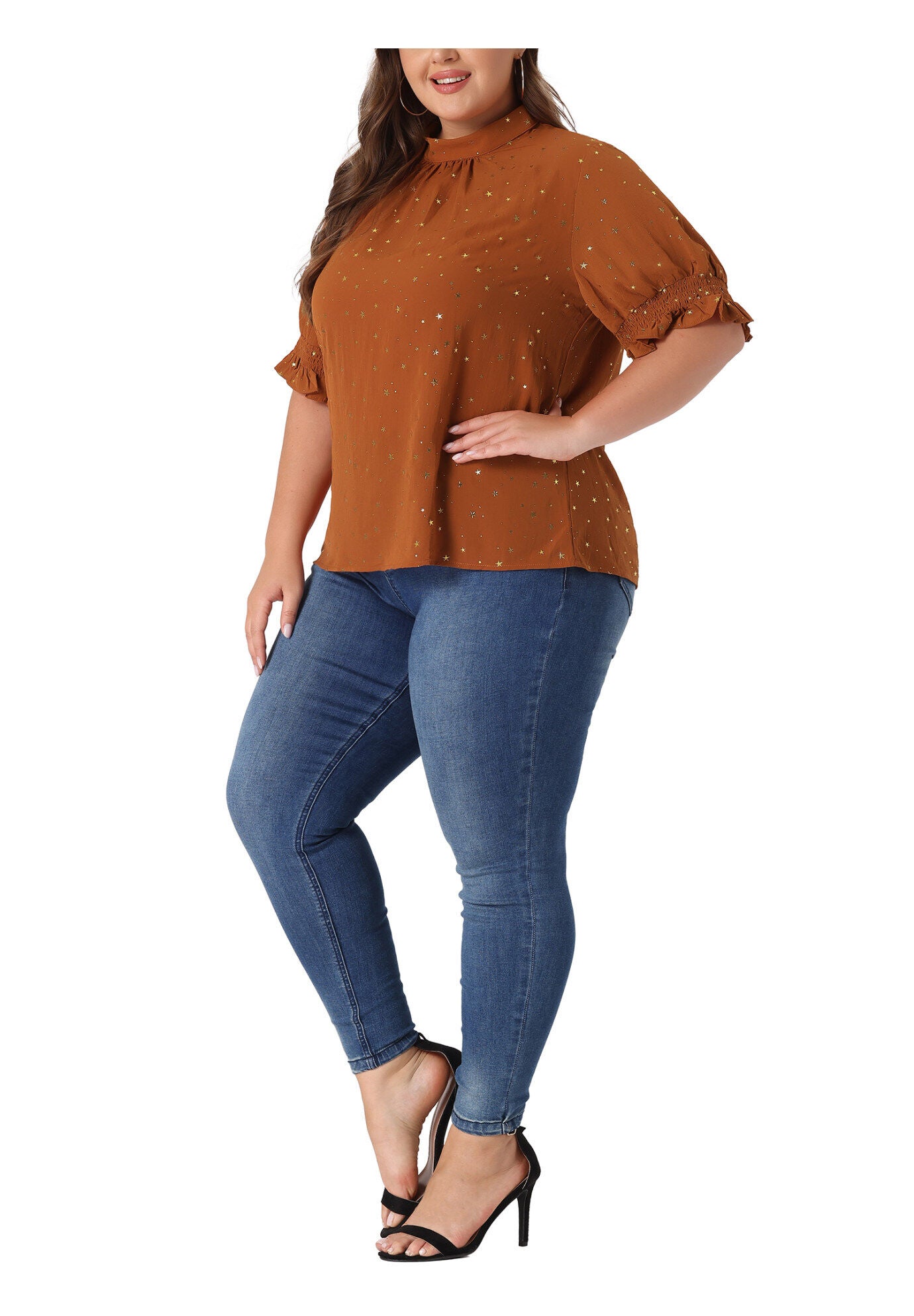 Pleated Mock Neck Star Print Puff Sleeve Blouse Top, Caramel / Brown, alternate image number 1