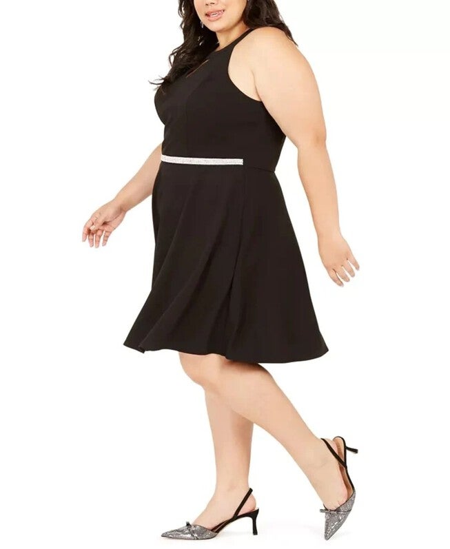 Emerald Sundae Women's Trendy Plus Size Rhinestone Keyhole Fit & Flare Dress Black Size 3X, , alternate image number 5