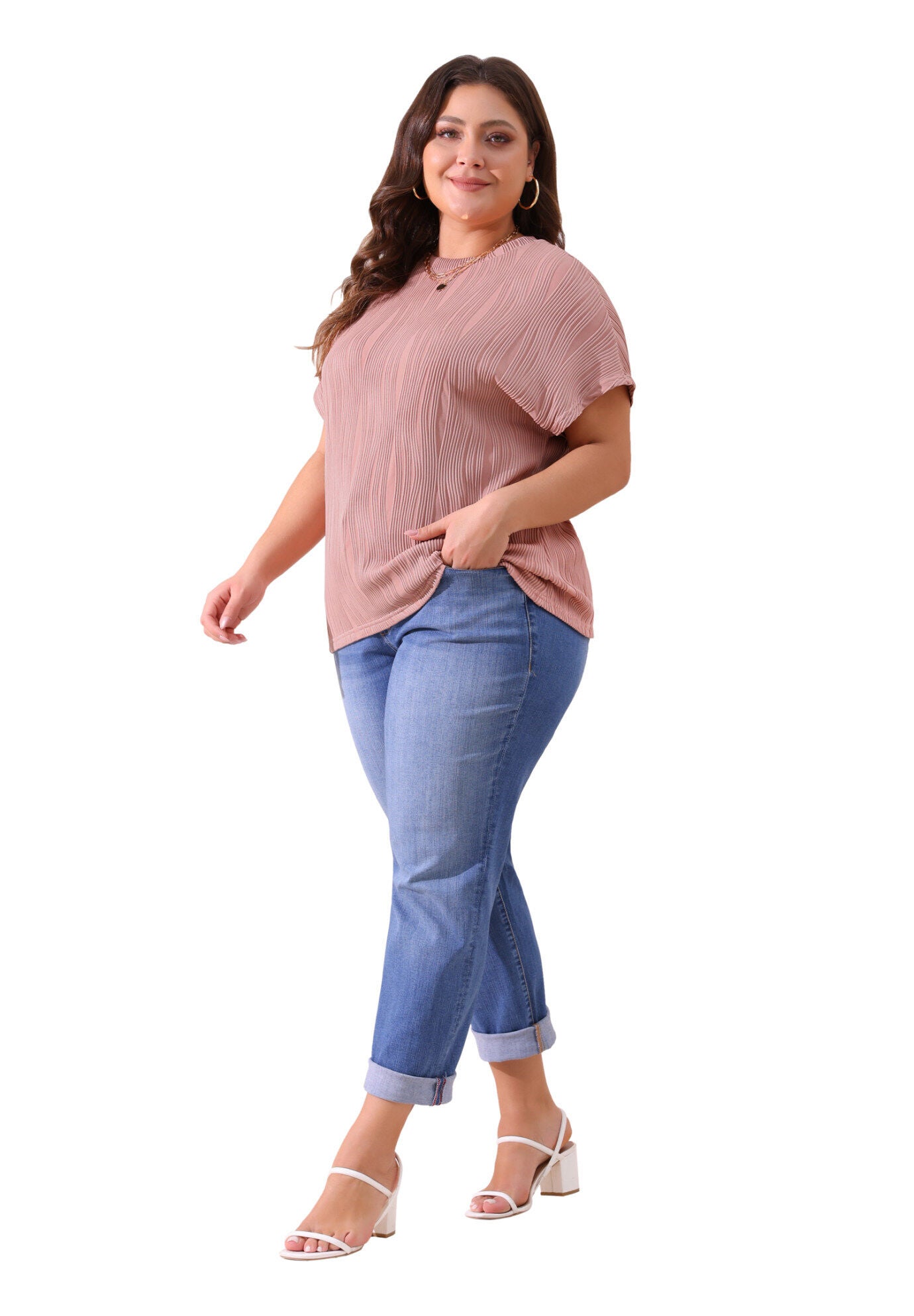 Short Sleeve Textured Top Crewneck T-Shirt, Pink / Pink, hi-res image number 0