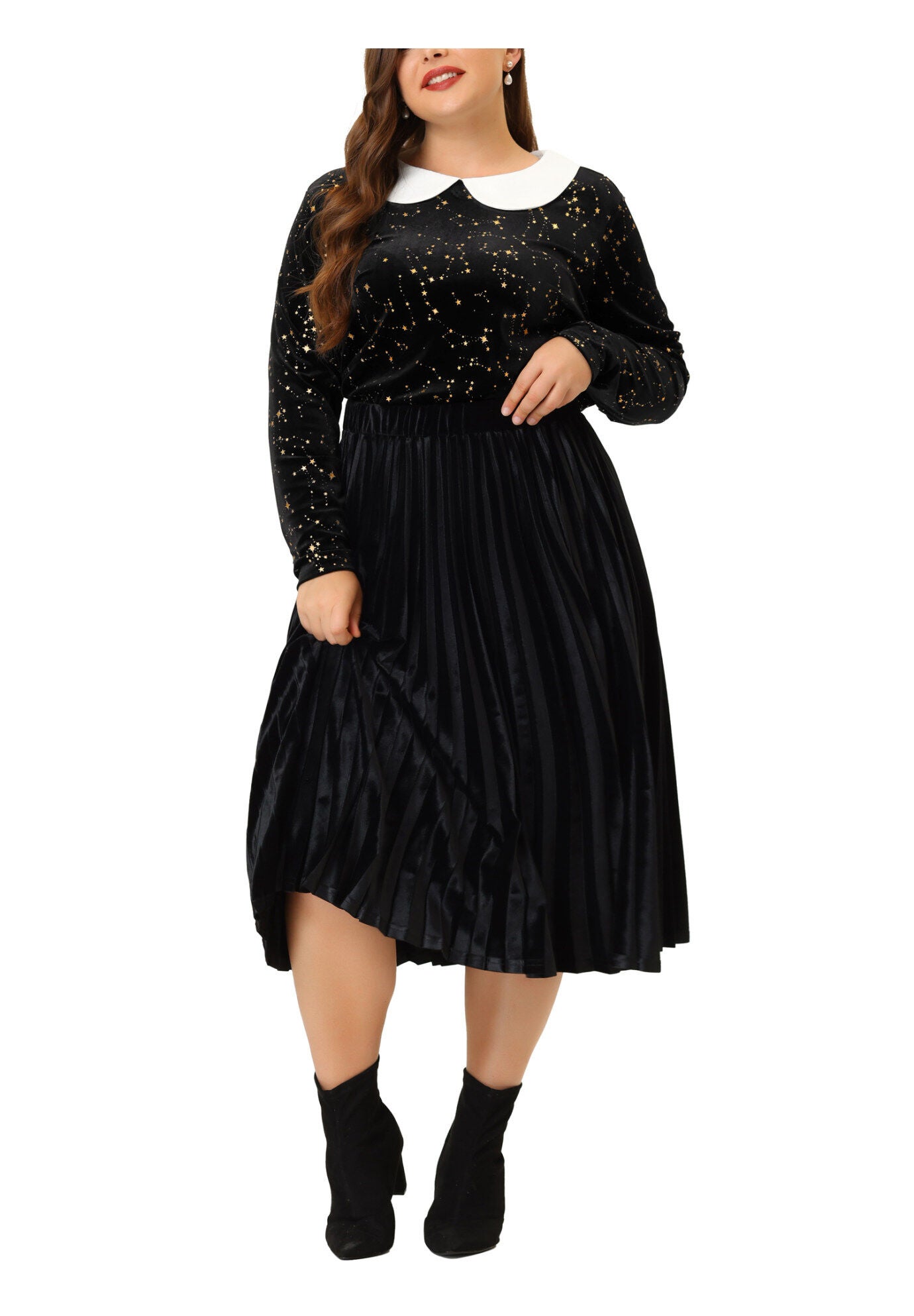 Peter Pan Long Sleeve Vintage Star Print Doll Collar Velvet Top, Black / Black, alternate image number 1