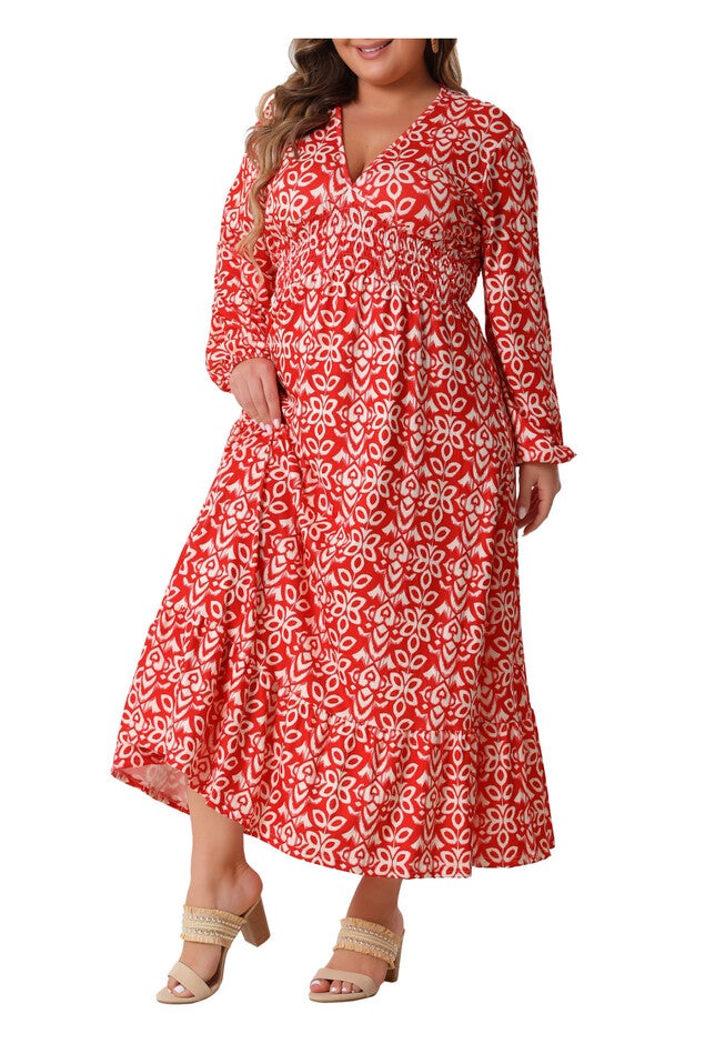 Boho Dresses Floral Print Deep V Neck Waist Wrap Long Sleeve Loose Maxi Dress, Red / Red, alternate image number null