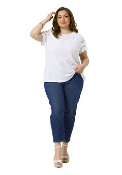 Lace Panel Hollow Short Sleeve Eyelet Top