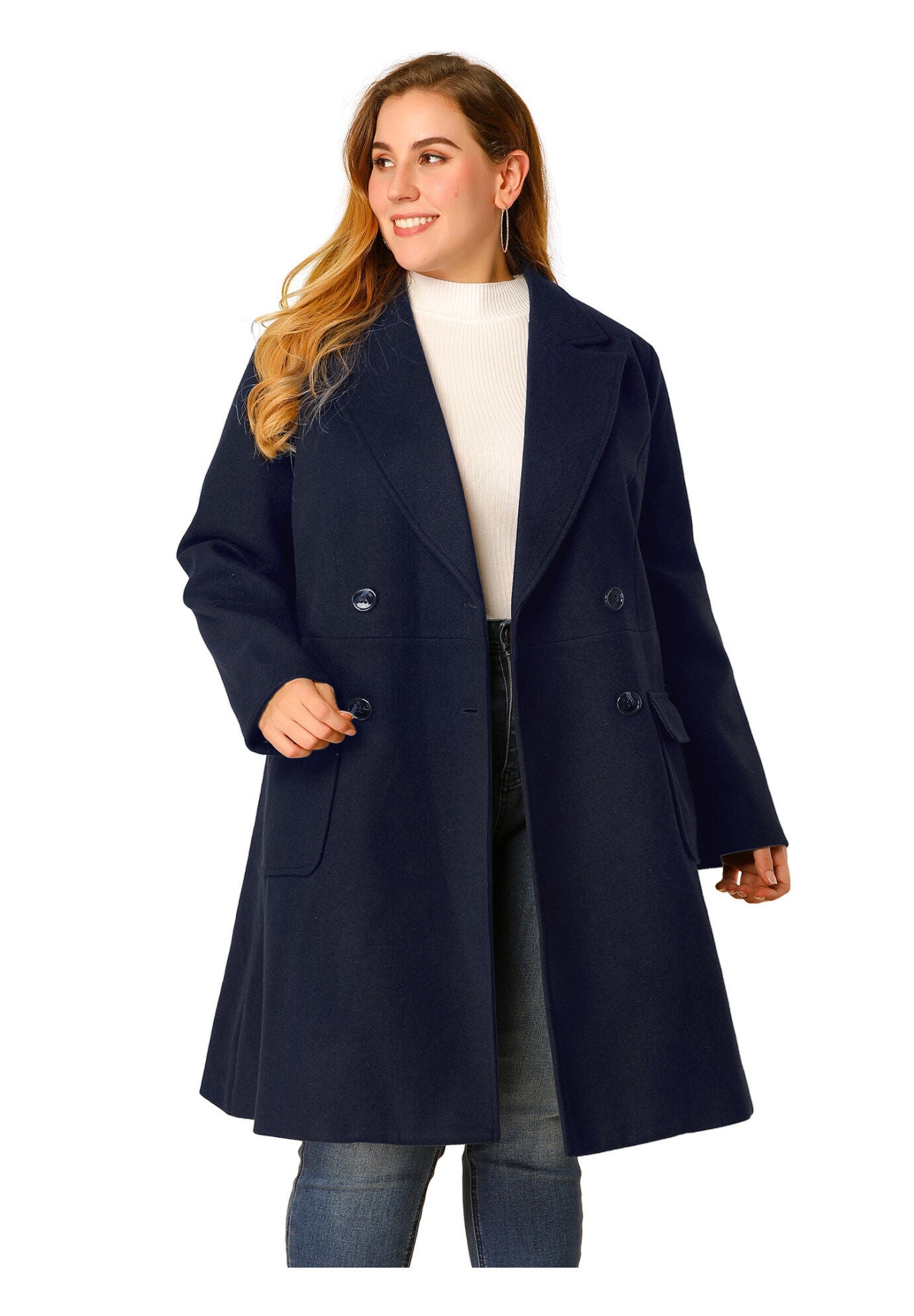 NOTCH LAPEL DOUBLE BREASTED PEA TRENCH COAT, Navy Blue / Navy, alternate image number 1