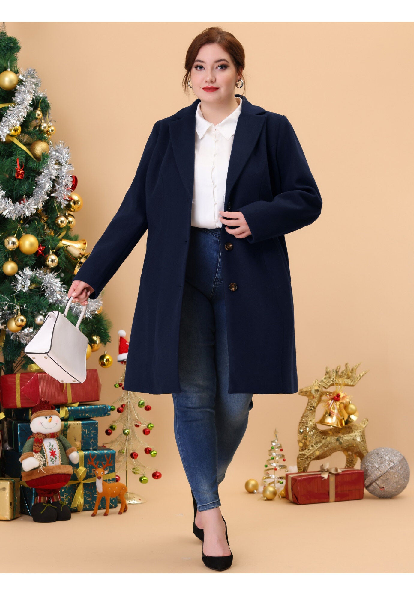 SINGLE BREASTED NOTCHED LAPEL LONG WINTER COAT, Dark Blue / Navy, alternate image number 1