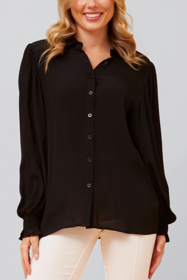 Cindy Shirt Long Puffy Fitted Sleeves Solid, Black / Black, hi-res image number 0