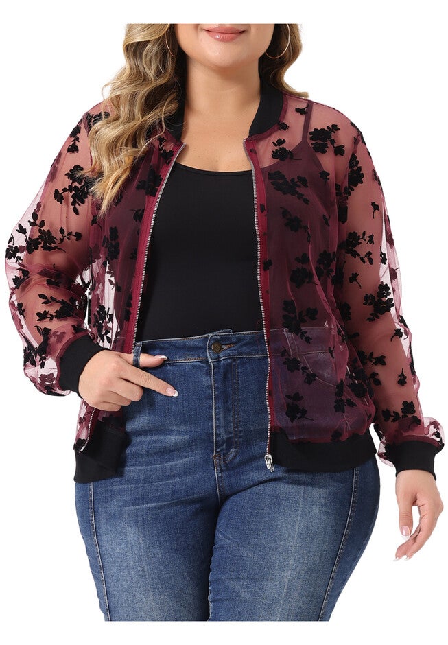 SHEER FLORAL LACE LONG SLEEVE BASEBALL JACKET, Burgundy / Red, alternate image number 2