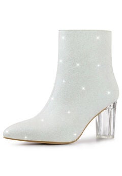 CLEAR BLOCK HEEL GLITTER PARTY BOOTS