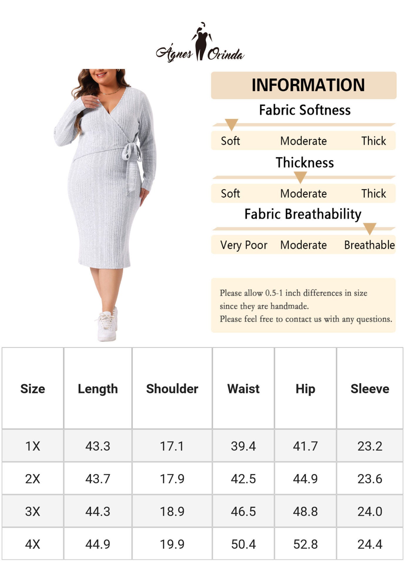 Wrap V Neck Long Sleeve Back Slit Elegant Midi Dress with Belted, Light Gray / Light Grey, alternate image number 4