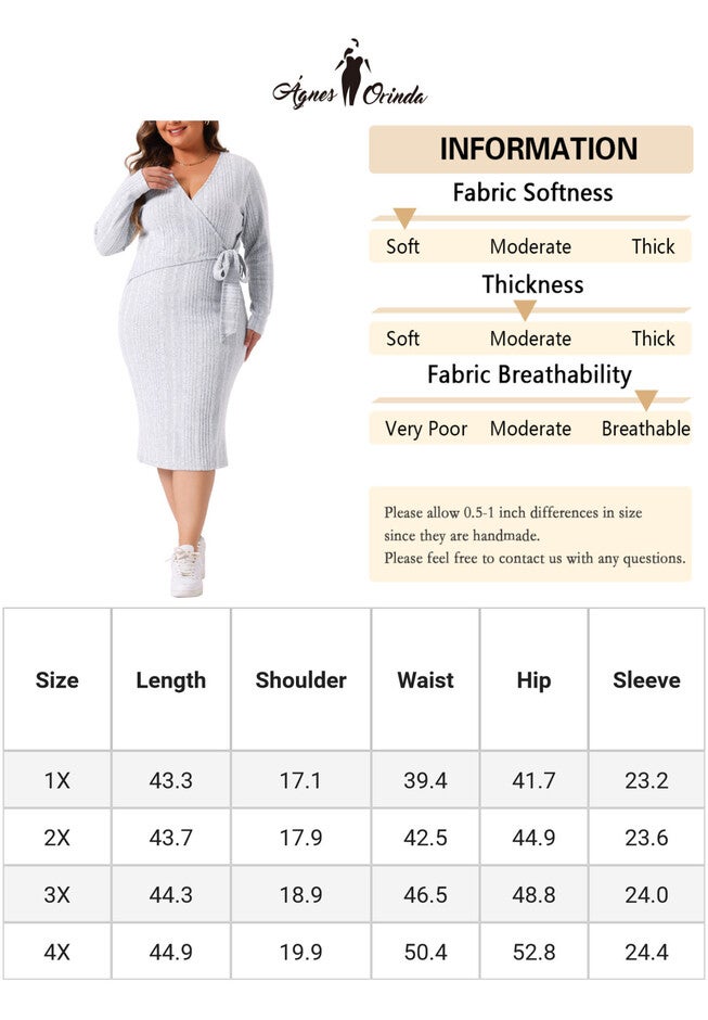 Wrap V Neck Long Sleeve Back Slit Elegant Midi Dress with Belted, Light Gray / Light Grey, alternate image number 4