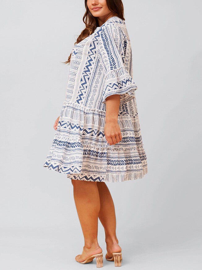 Louise Dress Geo Aztec Print V-Neck, Navy / Navy, alternate image number 2