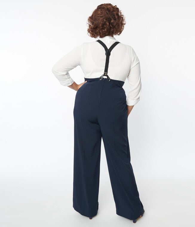UNIQUE VINTAGE NAVY HIGH WAIST SUSPENDER PANTS | Dia & Co UNIQUE VINTAGE NAVY HIGH WAIST SUSPENDER PANTS | Dia & Co