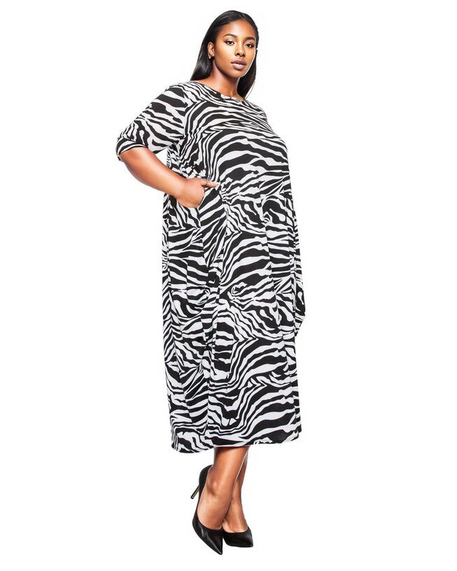 GWENYTH ZEBRA PRINT POCKET DRESS, White Black / Black, alternate image number null