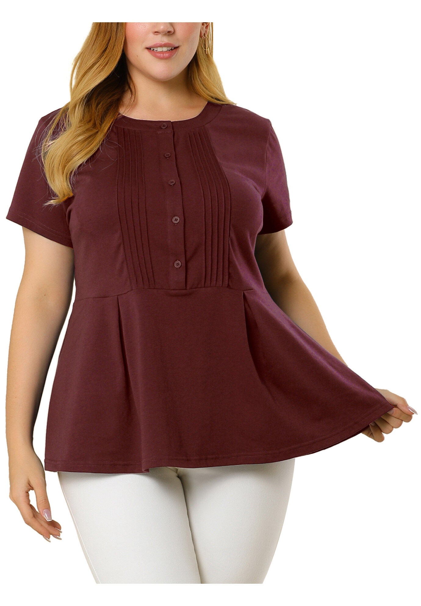 Round Neck Short Sleeve Shirt Blouse Peplum Top, Burgundy / Burgundy, alternate image number 1