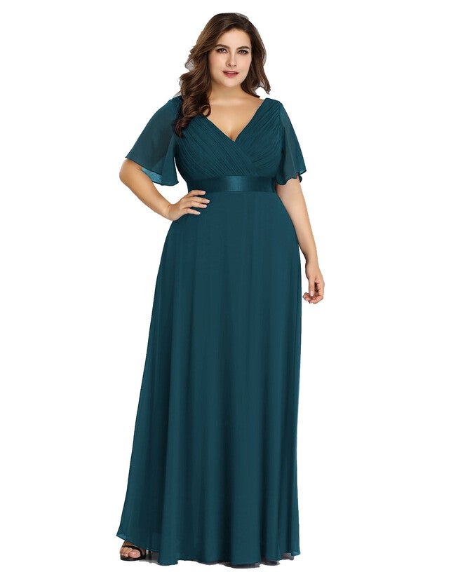 Long Chiffon Empire Waist Bridesmaid Dress with Short Flutter Sleeves, Teal / Teal, alternate image number 3