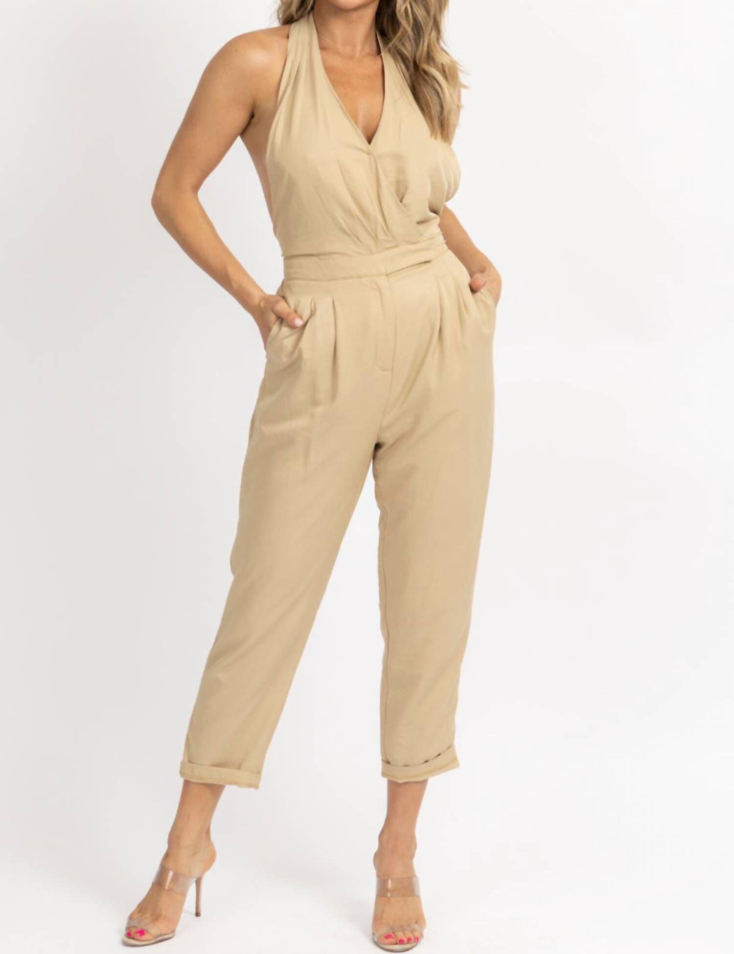 Halterneck Open Back Jumpsuit In Golden Beige, Golden Beige / Beige, hi-res image number 0